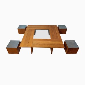 Large Wooden Coffee Table with Cubic Seats, Set of 5