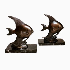 Art Deco French Spelter Fish Bookends on Marquinia Marble Bases, 1930s, Set of 2