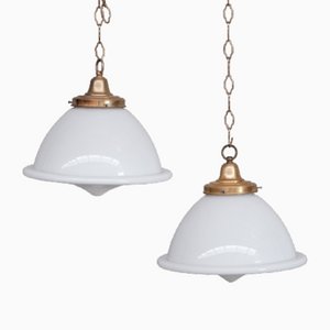 Mid-Century French Opaline and Brass Glass Pendant Lights, Set of 2