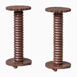 Turned Oak Pedestals Side Tables in the style of Dudouyt, Set of 2