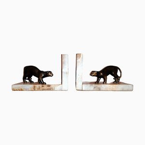 French Art Deco Metal Panther Bookends on Marble Bases, 1930, Set of 2