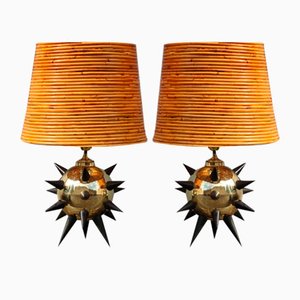 Italian Table Lamps in Brass, Metal & Bamboo, 1950s, Set of 2