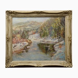 Canadian Winter Landscape, 1920s, Oil on Canvas, Framed