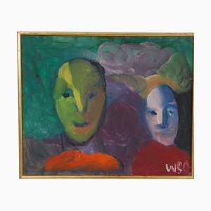 William Skotte Olsen, Two Faces in Blue and Green Nuances, Oil on Canvas