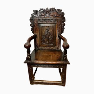 Antique Folk Art Wainscot Chair in Oak, 1600s