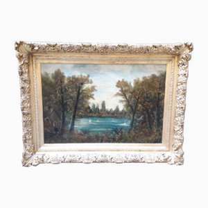French School Artist, Lake Scene, Late 1800s, Oil on Canvas, Framed