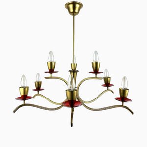 Italian Chandelier in Gilt Brass with Red Decorated Elements, 1980s