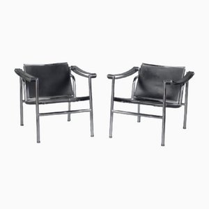 Modernist Chrome & Leather Lc1 Pivoting Sling Armchairs by Le Corbusier for Cassina, Set of 2