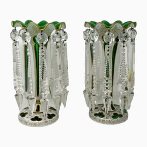 Antique Bohemian Emerald Green Enamel & Crystal Lusters Lustres Candleholders, Set of 2