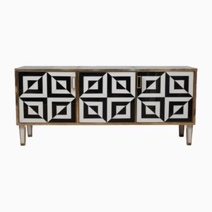 Credenza Mid-Century in vetro artistico bianco e nero e ottone, Italia, anni '80