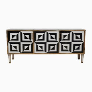 Mid-Century Italian Black and White Art Glass and Brass Sideboard, 1980s