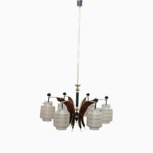 Mid-Century Italian Glass Bowls, Wood, Brass and Black Lacquered Metal Chandelier, 1950s