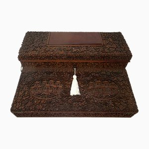 Antique Anglo-Indian Bombay Carved Sandalwood Writing Slope Box, Mid 19th Century