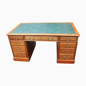 Large Mahogany Pedestal Desk with Green Leather, 1890s
