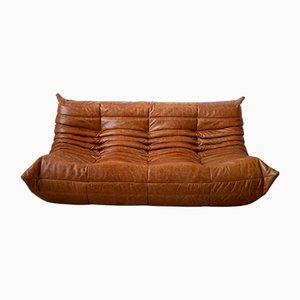 Vintage Pine Leather Togo 3-Seater Sofa by Michel Ducaroy for Ligne Roset