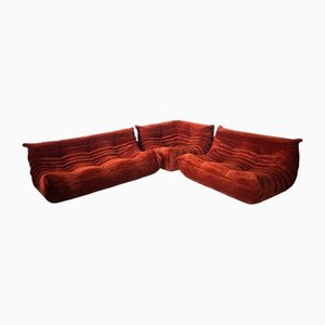 Amber Corduroy Togo Corner Seat, Lounge Chair & 2-Seater Sofa by Michel Ducaroy for Ligne Roset, 1970s, Set of 3