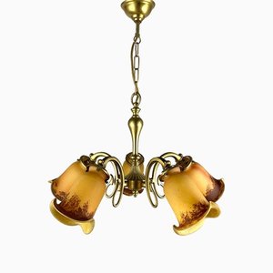 Vintage French Hanging Light in Gilt Brass & Colored Glass Lamp, 1980s