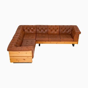 Scandinavian Leather and Pine Sofa Party attributed to Jan Erik Lindgren for Ekornes, 1970s