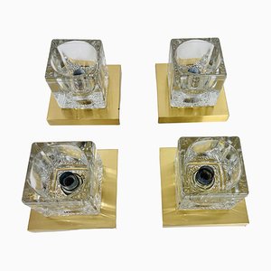 Ice Glass Cube Wall Lamps with Brass Base from Peill & Putzler, 1970s, Set of 4