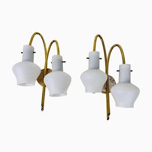 Brass and Opaline Glass Wall Lights, Italy, 1960s, Set of 2