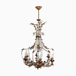 Crystal Glass & Gilt Brass 6-Light Chandelier attributed to Palwa, 1960s