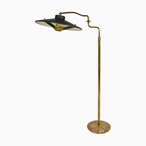 Italian Swing Arm Floor Lamp in Brass with Original Black Shade, 1950s
