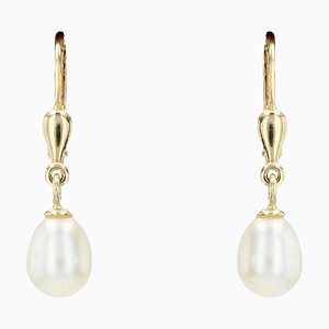 18 Karat Cultured Pearl Yellow Gold Dangle Earrings, Set of 2