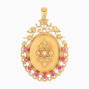 18 Karat French Ruby Cultured PearlRose Gold Locket Pendant, 1960s