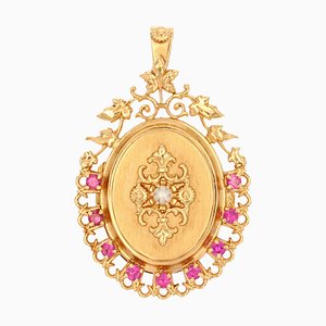 Pendentif Médaillon en Or Rose et Perle de Culture Rubis 18 Carats, 1960s