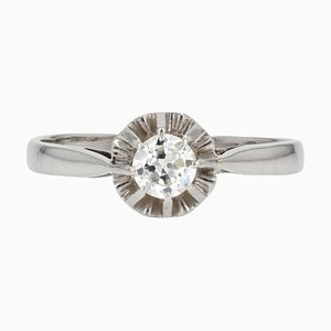 18 Karat French Diamond White Gold Platinum Art Deco Solitaire Ring, 1920s
