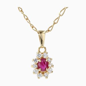 18 Karat French Modern Ruby Daisy Pendant Yellow Gold Chain Necklace, 2000s