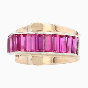 French Calibrated Synthetic Rubies Silver Tank Ring, 1940s
