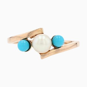 18 Karat French Turquoise Cultured Pearls Rose Gold Ring, 1960s