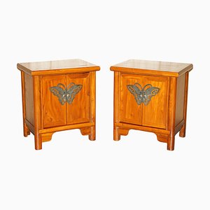 Chinese Elm Bedside Tables with Butterfly Handle, Set of 2