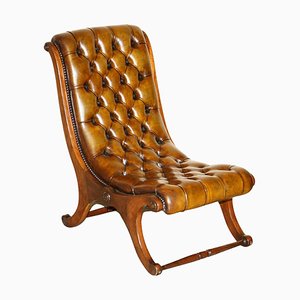 Antiker Chesterfield Stuhl aus Braunem Leder, 1900