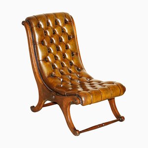 Silla Chesterfield antigua de cuero marrón, 1900