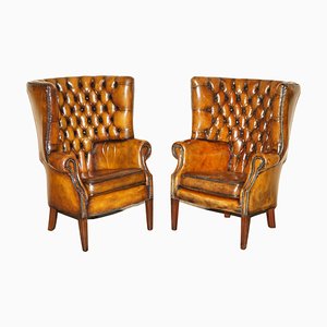 Victorian Chesterfield Wingback Chairs in Brown Leather, Set of 2