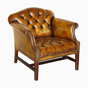 Chaise Chesterfield Antique en Cuir Marron Cigare, 1900