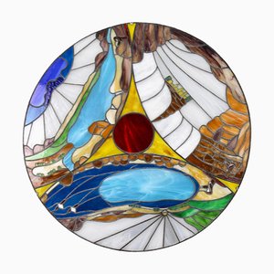 Round Polychrome Stained Glass Window Panel in the style of Tiffany, 1970s