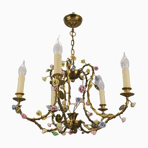 French Brass and Porcelain Flower Five-Light Chandelier, 1920s