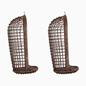 Mid-Century French Bamboo Rattan Swinging Egg Chairs, Set of 2