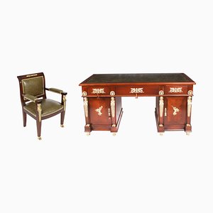 French Empire Ormolu Mounted Desk and Armchair, 1800s, Set of 2