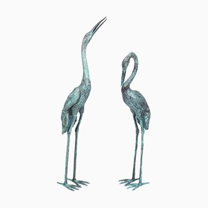 Life Sized Bronze Cranes with Green Patina, Late 20th Century, Set of 2