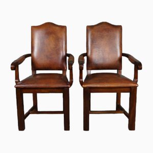 Sheep Leather Dining Chairs with Armrests, Set of 2