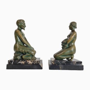 Art Deco Bronze Nymph and Faun Bookends by H Wandaele, 1930s, Set of 2