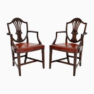 Antique Edwardian Mahogany & Leather Carver Armchairs, 1890s, Set of 2
