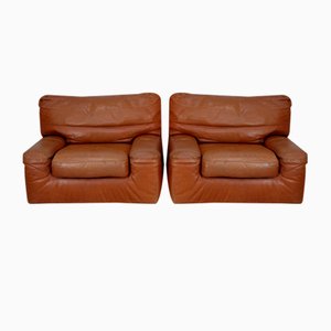 Large Fawn Leather Armchairs by Gerard Guermonprez, France, 1975, Set of 2