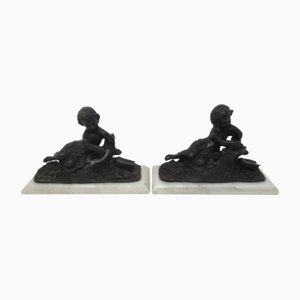 French Grand Tour Bronze & Marble Cherub Bookends, 1800s, Set of 2
