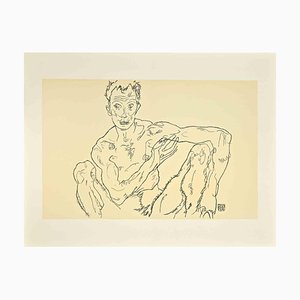 Egon Schiele, Crouching Male Nude, Lithograph, 20th Century