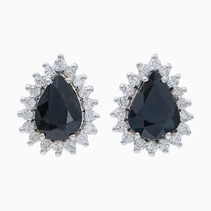 Boucles d'Oreilles en Or Blanc 18 Carat, Saphirs et Diamants, Set de 2